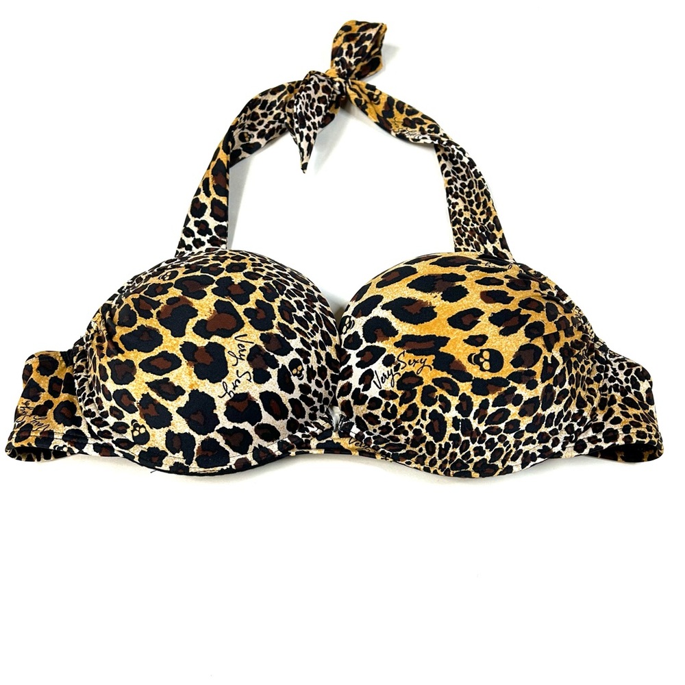 Y2K Victorias Secret 34B Bombshell Bikini Top Leopard Black GS1 Add 2 Cups #2825